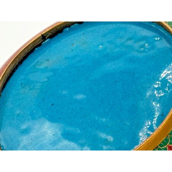 Vintage Chinese Cloisonné Enamel on Bronze Lidded Bowl Trinket Dish Floral Teal - Picture 6 of 16